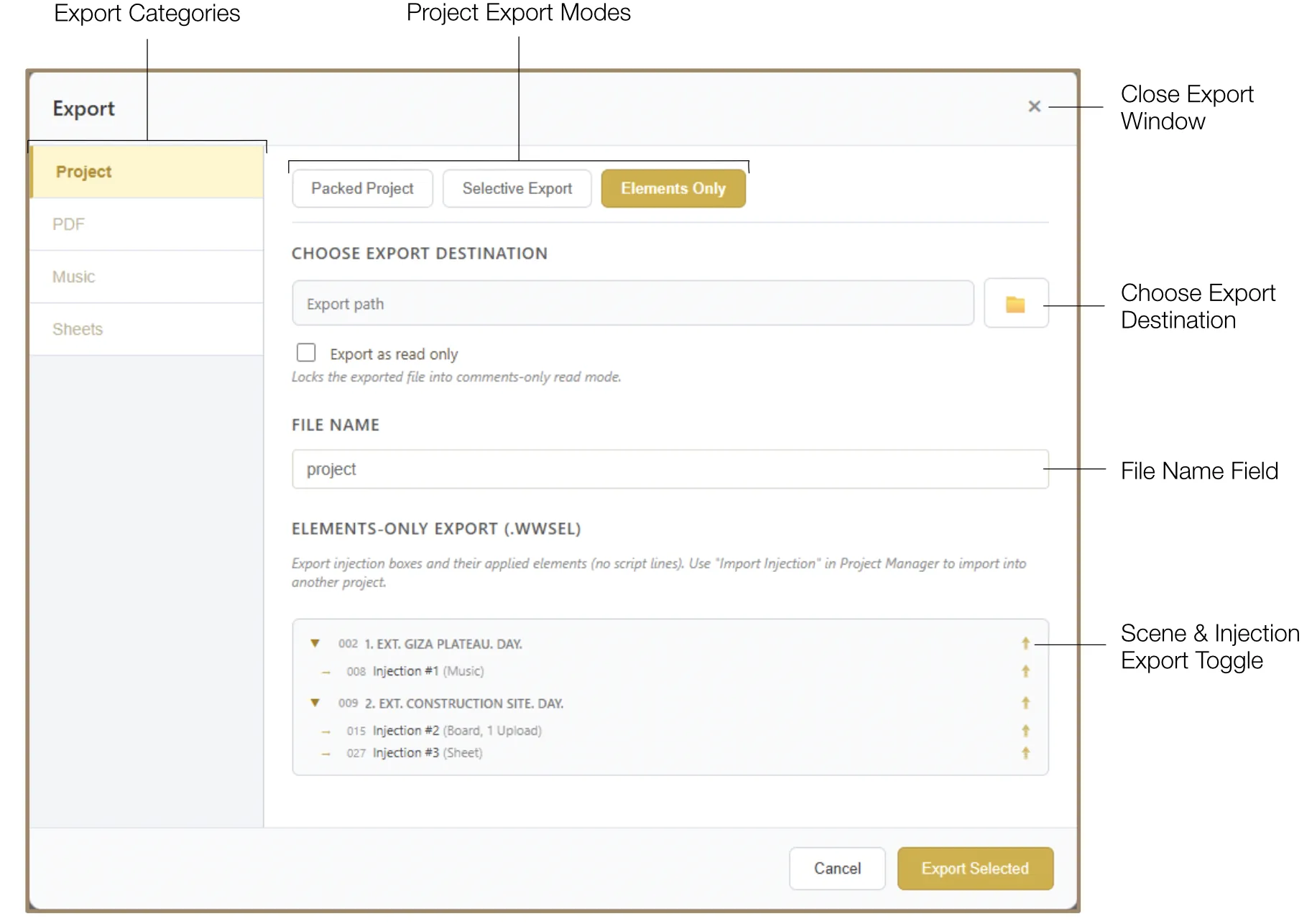 Elements Only export showing injection data without script lines